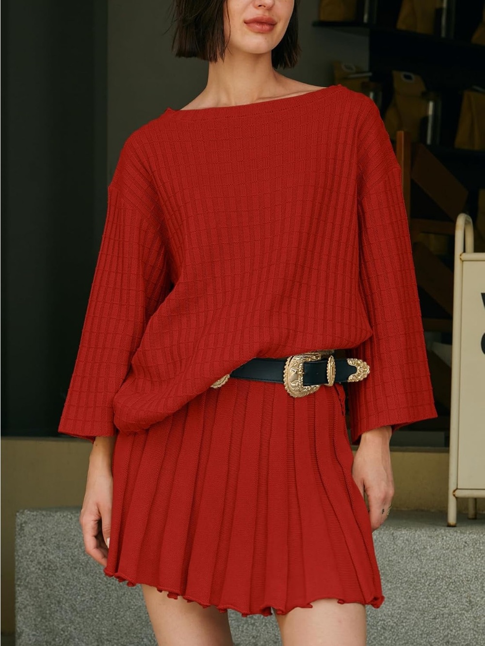 NWT Red Knit Sweater & Pleated Mini Skirt 2 Piece Set Size XL